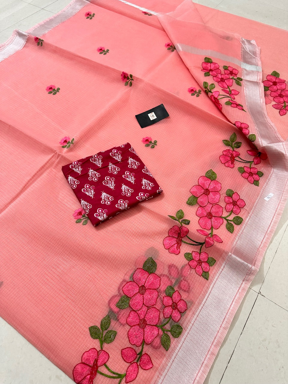 Embroidered Kota Cotton Doria Saree