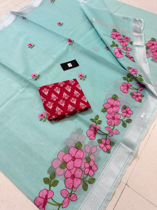 Embroidered Kota Cotton Doria Saree