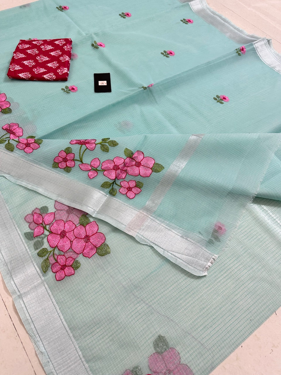 Embroidered Kota Cotton Doria Saree