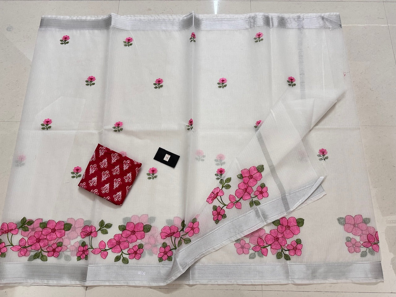 Embroidered Kota Cotton Doria Saree