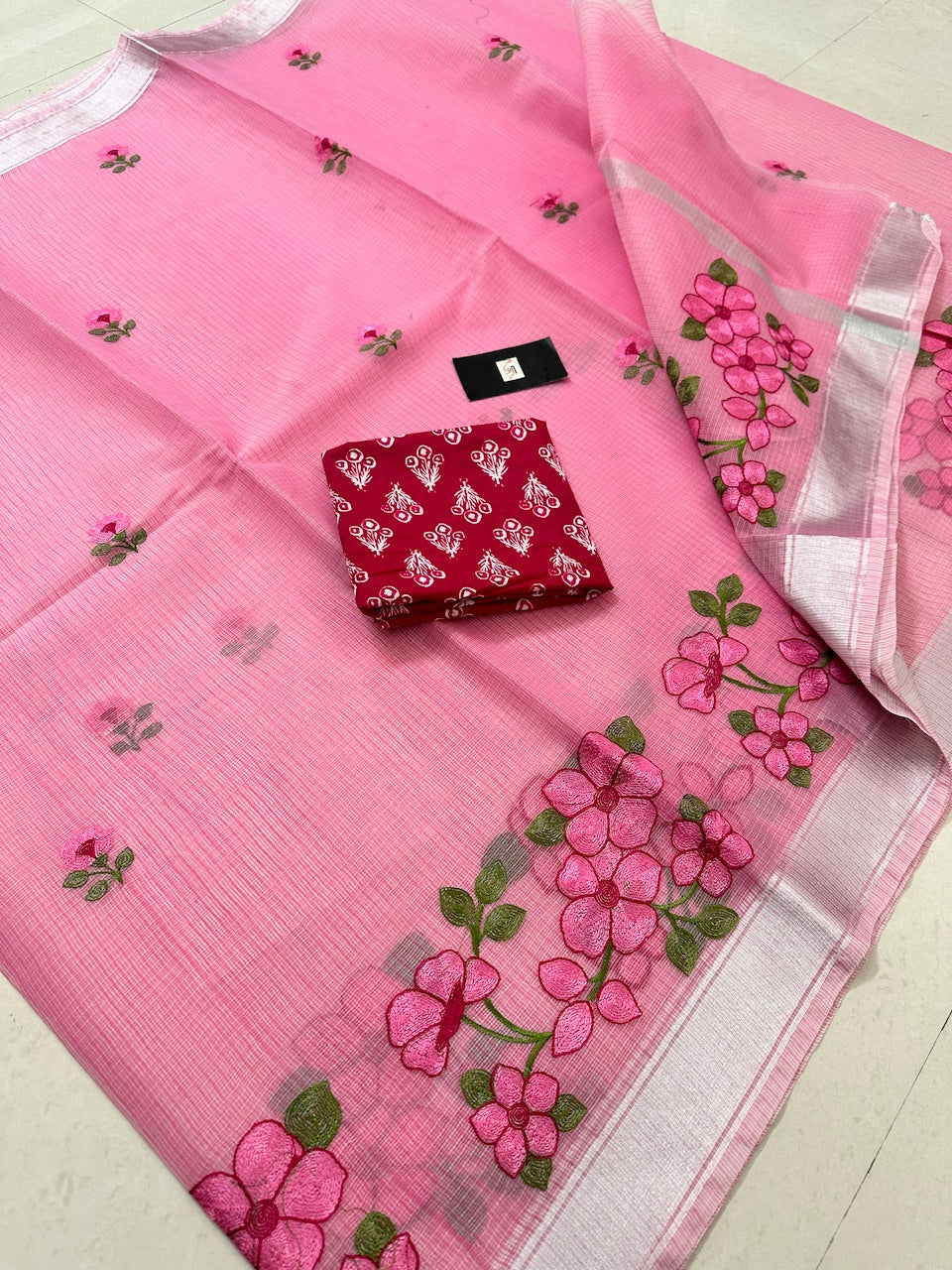 Embroidered Kota Cotton Doria Saree