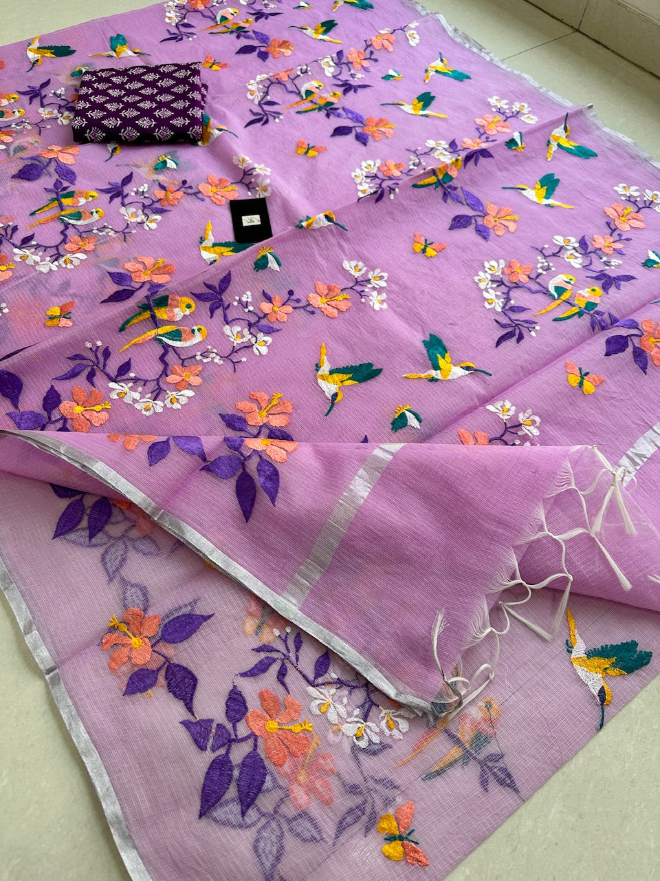 Embroidered Kota Cotton Doria Saree