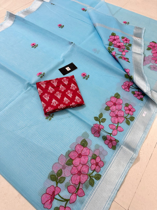 Embroidered Kota Cotton Doria Saree