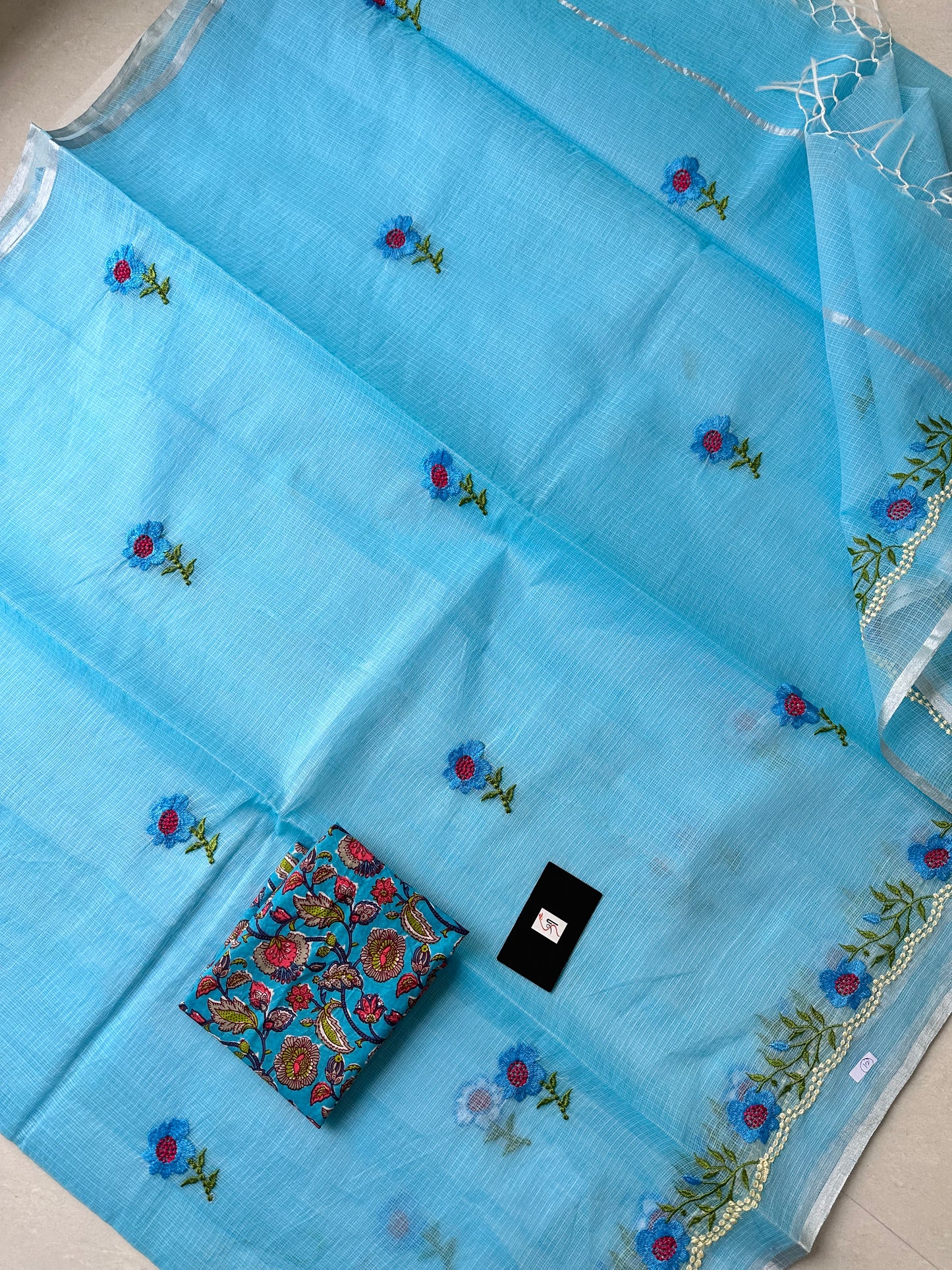 Embroidered Kota Cotton Doria Saree