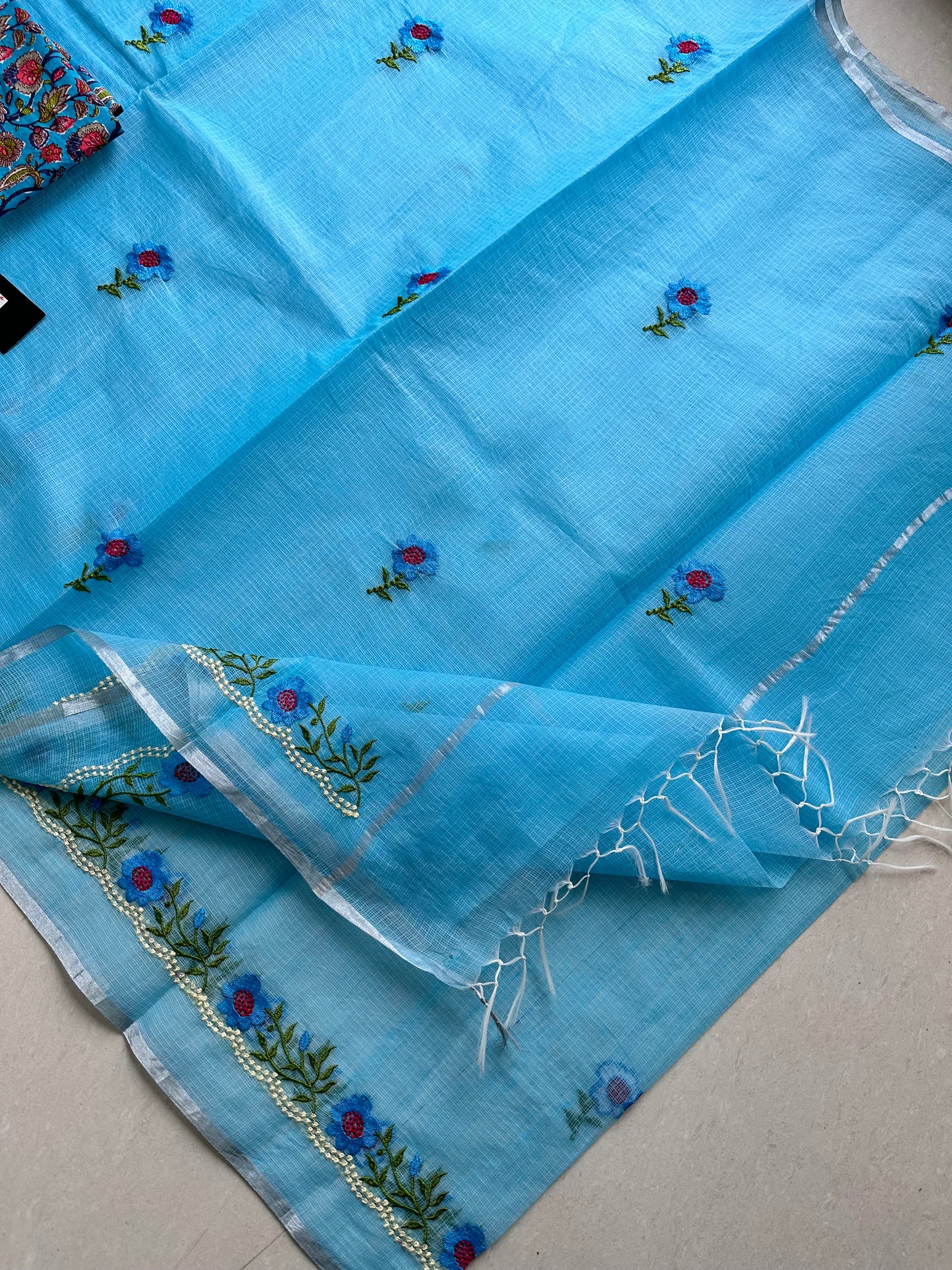 Embroidered Kota Cotton Doria Saree