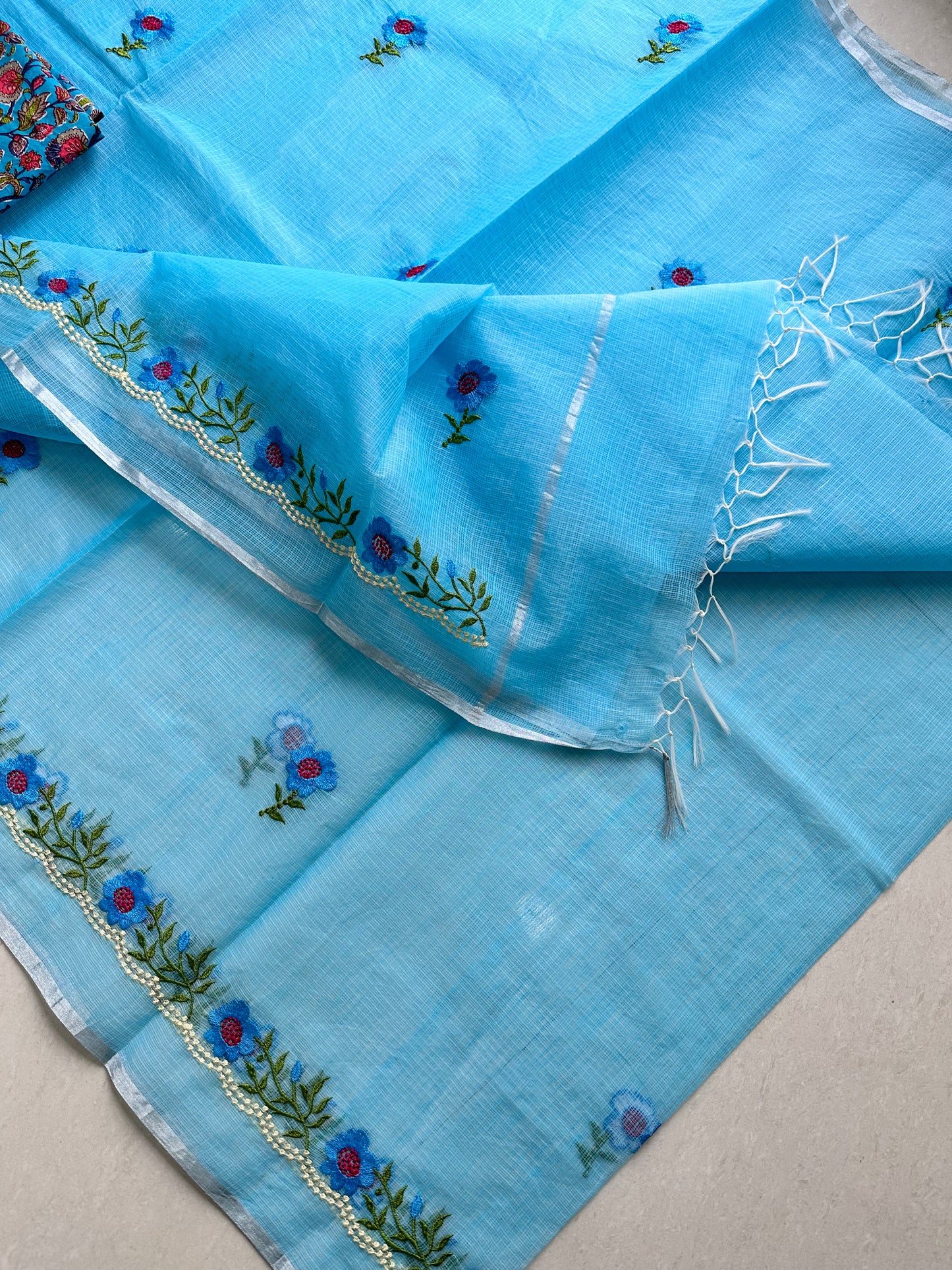 Embroidered Kota Cotton Doria Saree