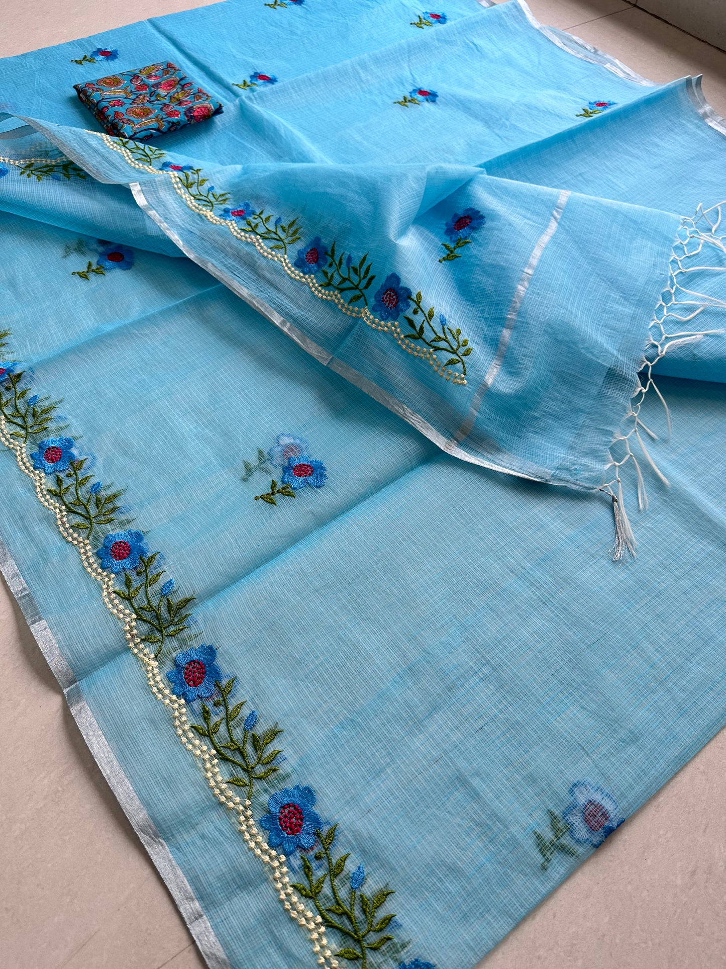 Embroidered Kota Cotton Doria Saree