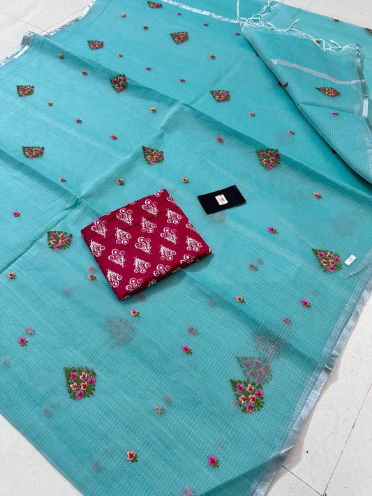 Embroidered Kota Cotton Doria Saree