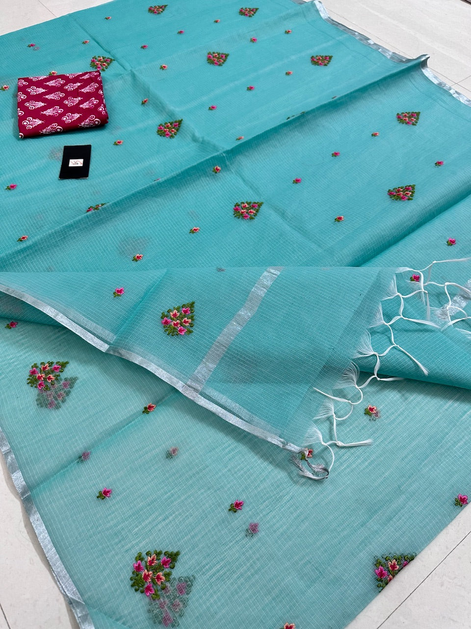 Embroidered Kota Cotton Doria Saree