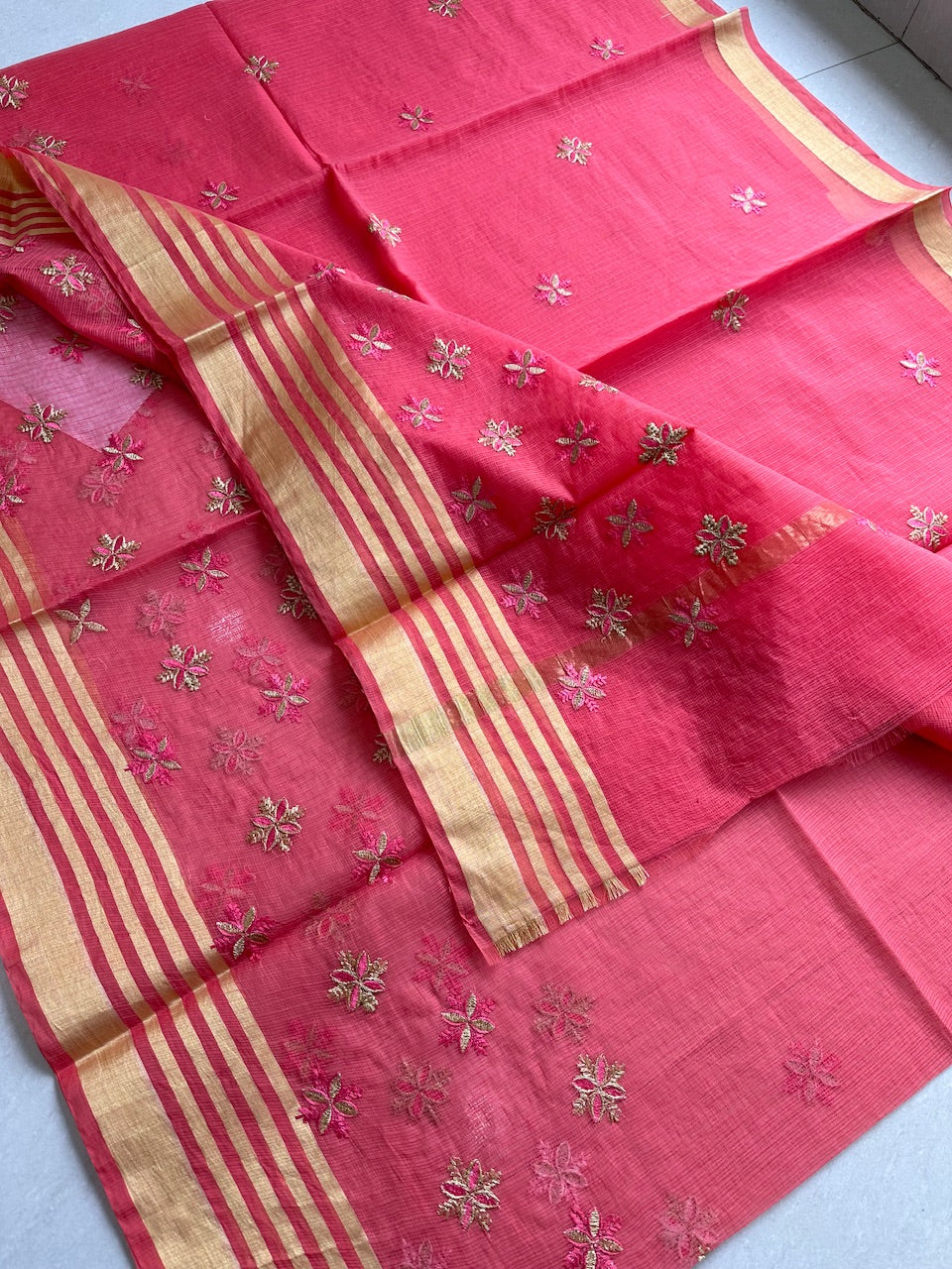 Embroidered Kota Cotton Doria Saree