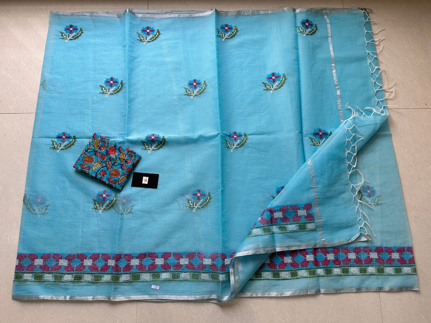 Embroidered Kota Cotton Doria Saree