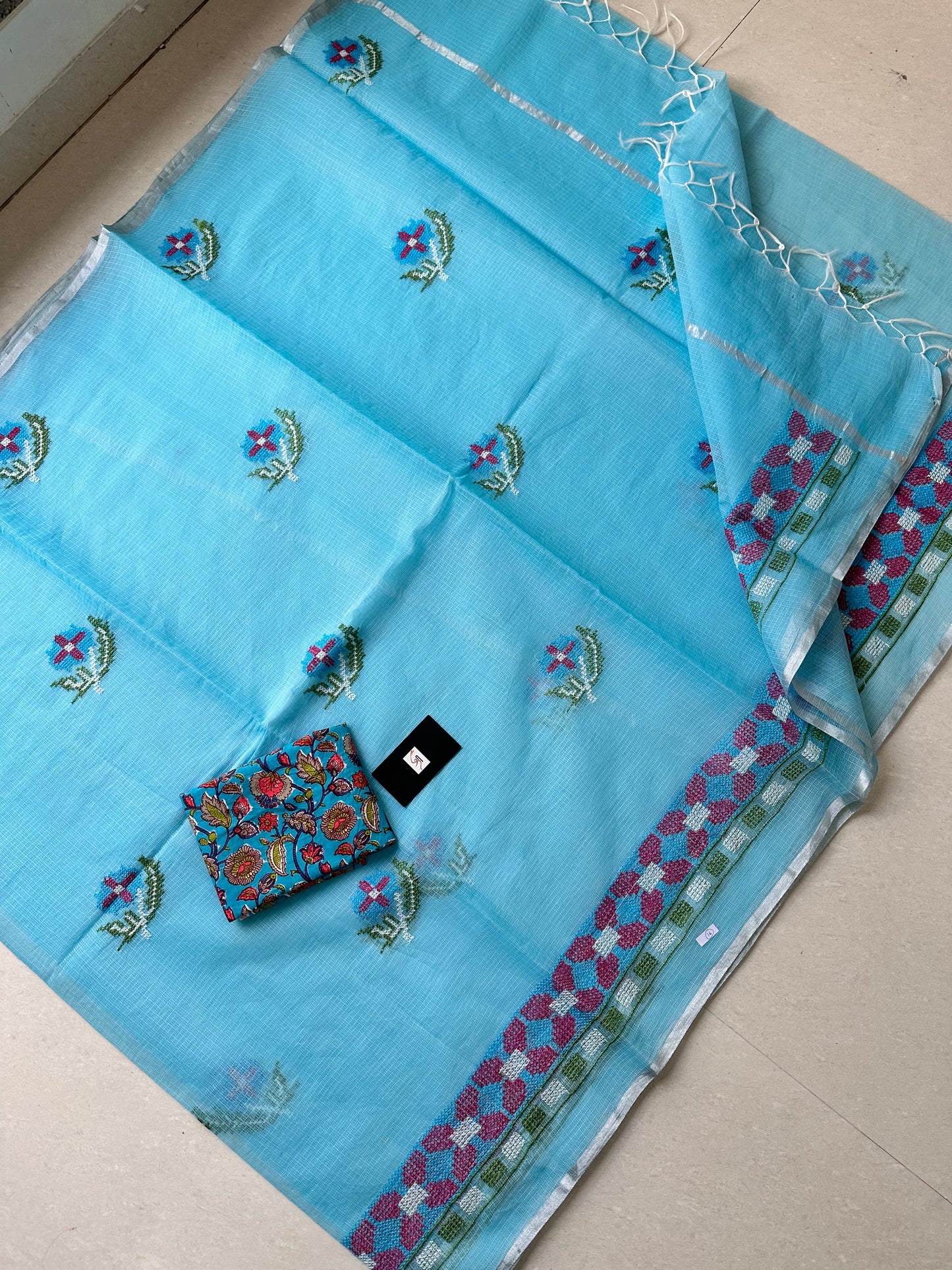 Embroidered Kota Cotton Doria Saree