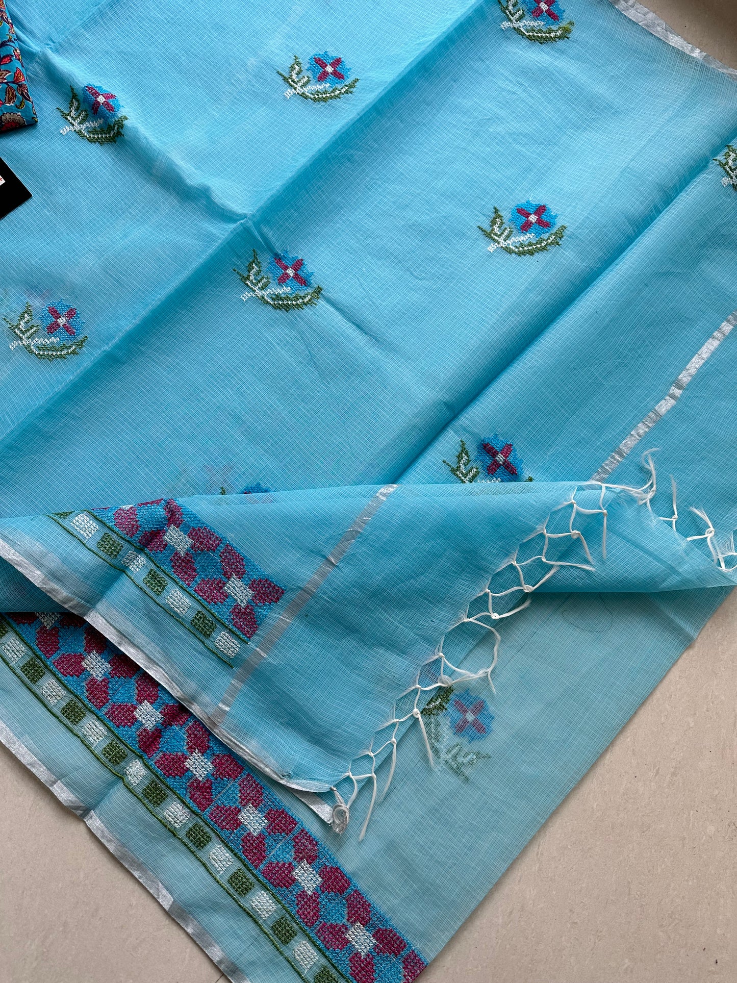 Embroidered Kota Cotton Doria Saree