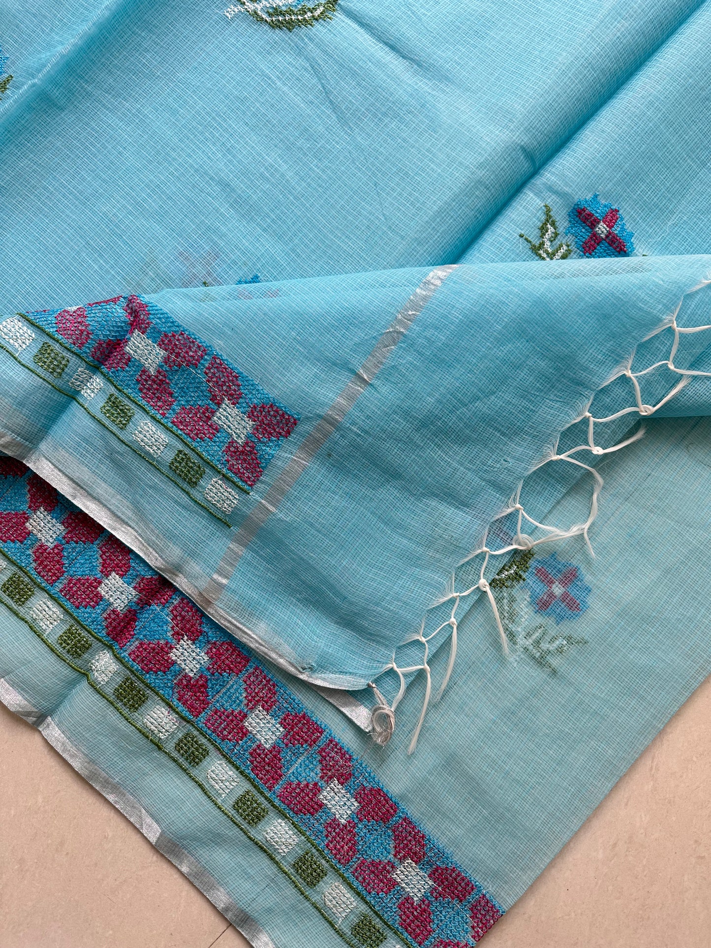 Embroidered Kota Cotton Doria Saree