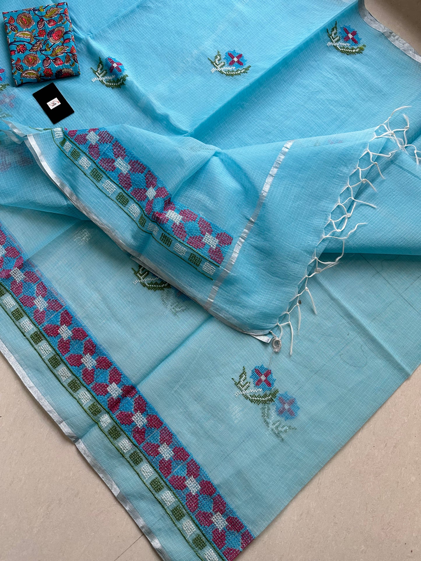 Embroidered Kota Cotton Doria Saree