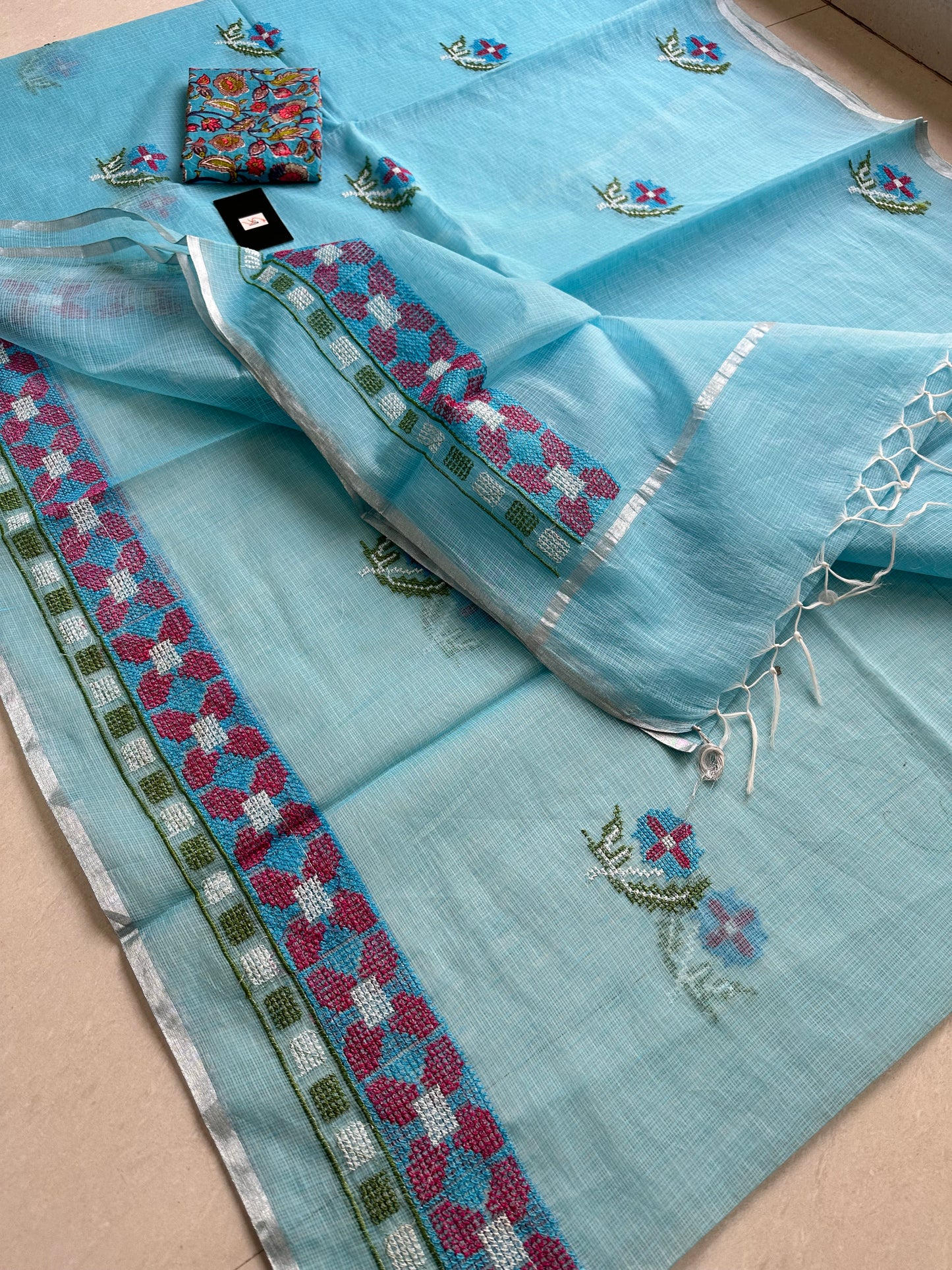 Embroidered Kota Cotton Doria Saree