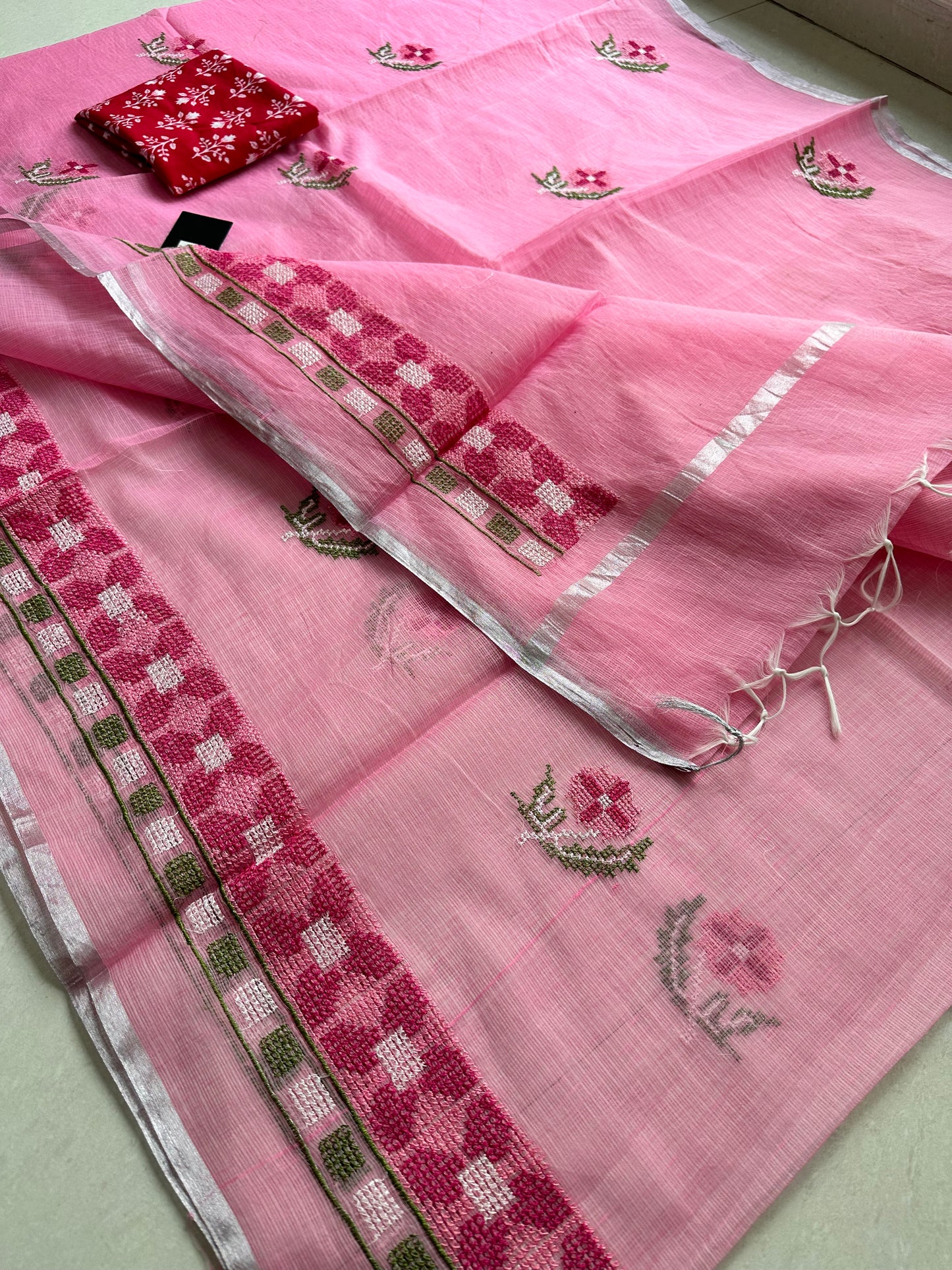 Embroidered Kota Cotton Doria Saree