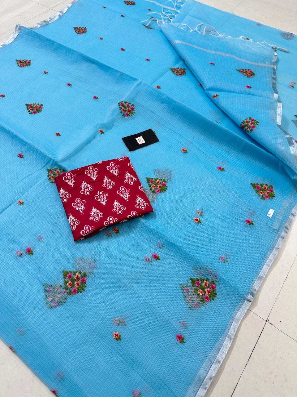 Embroidered Kota Cotton Doria Saree