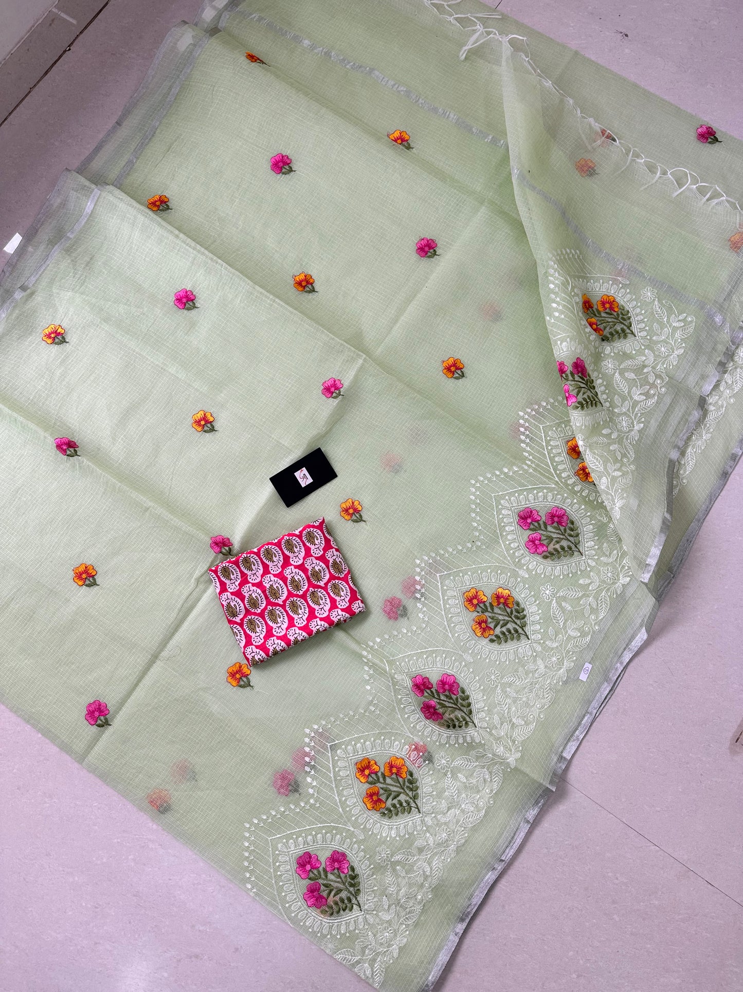 Embroidered Kota Cotton Doria Saree