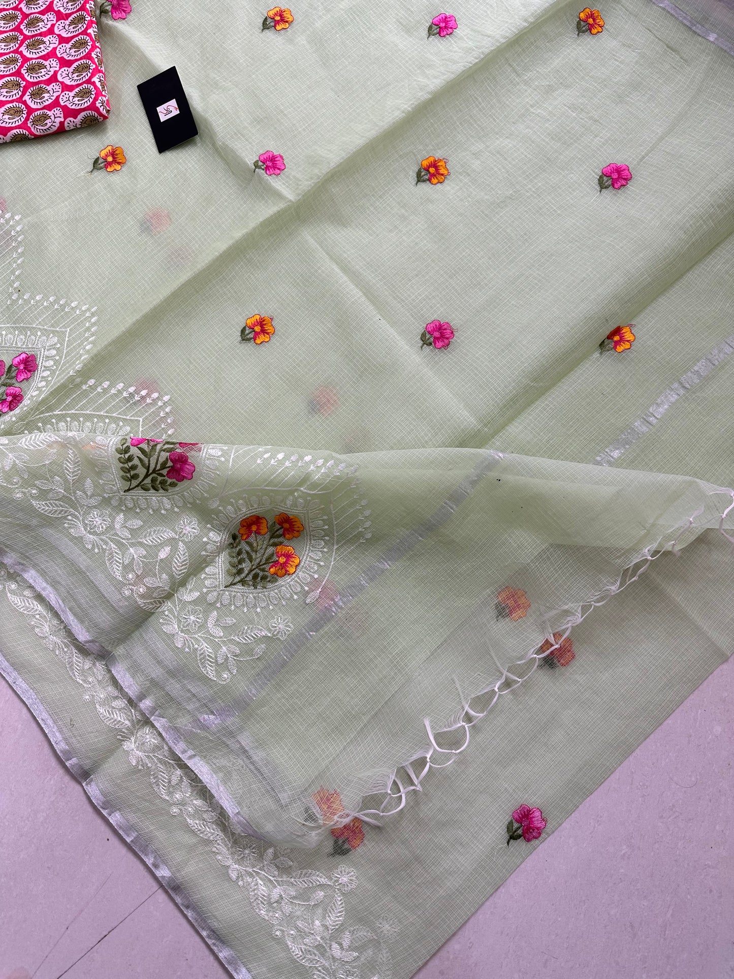 Embroidered Kota Cotton Doria Saree