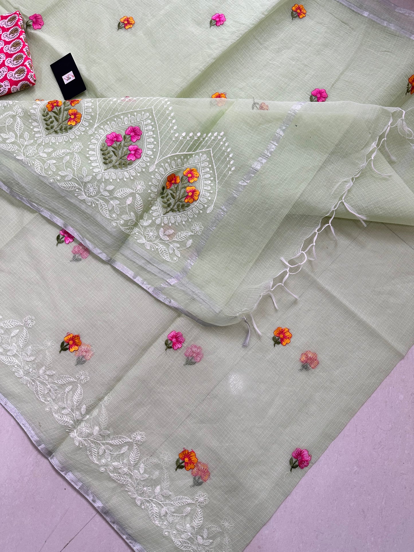 Embroidered Kota Cotton Doria Saree