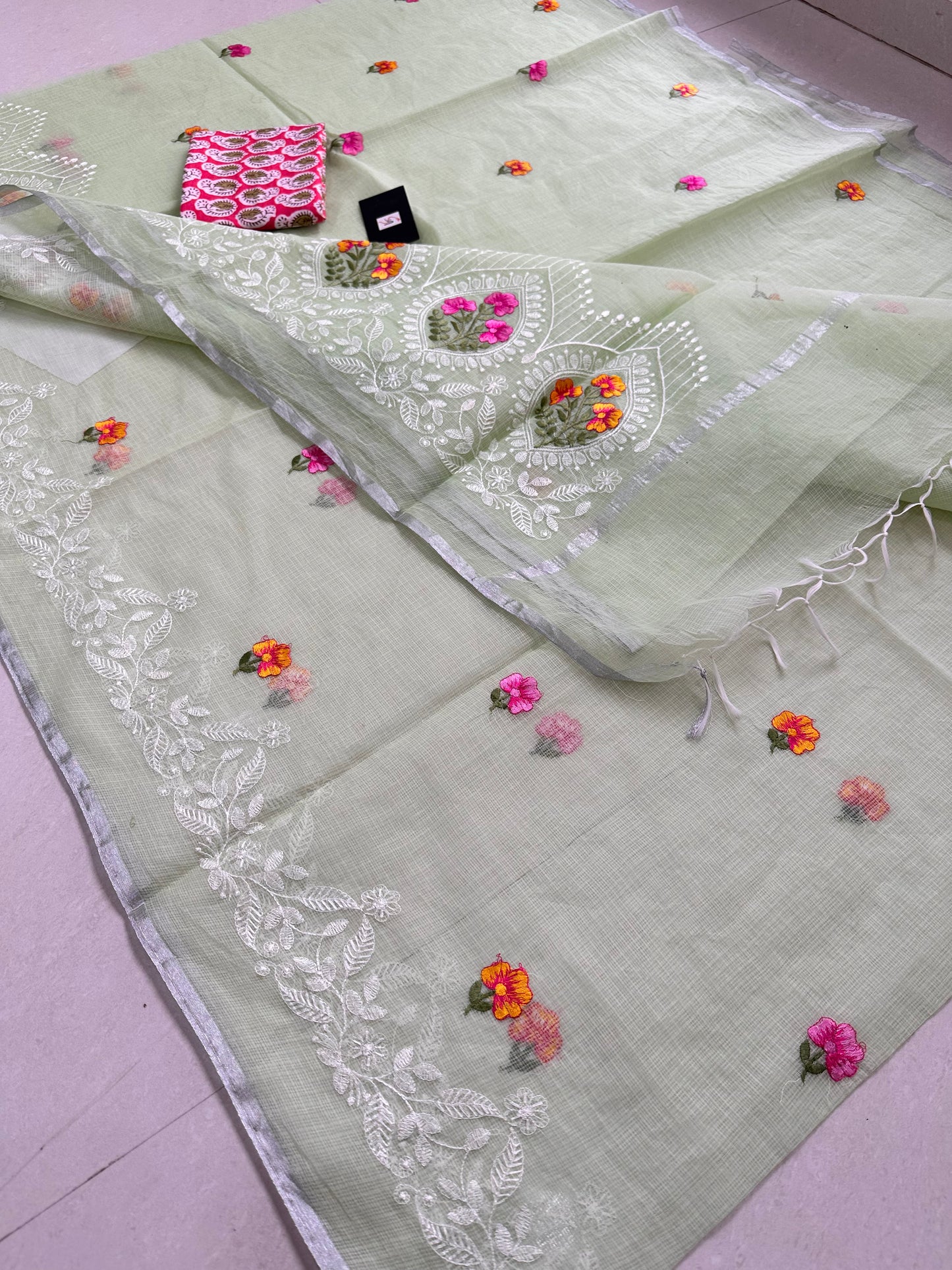 Embroidered Kota Cotton Doria Saree