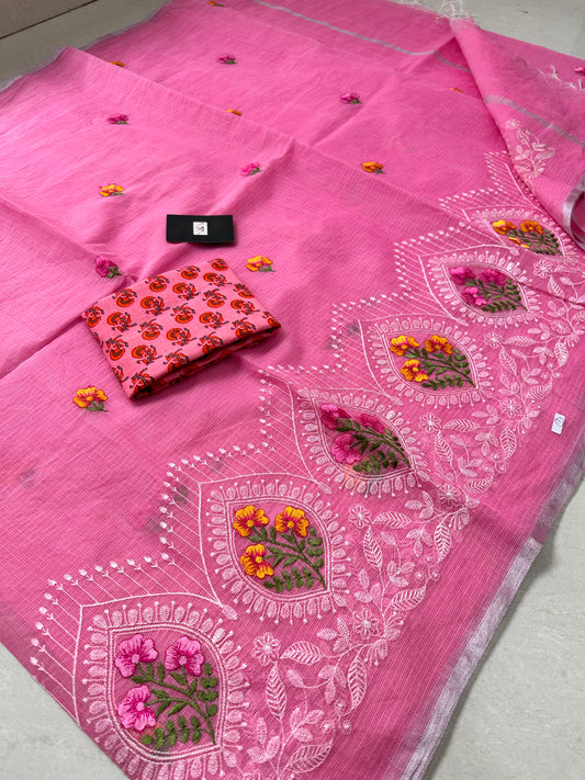 Embroidered Kota Cotton Doria Saree