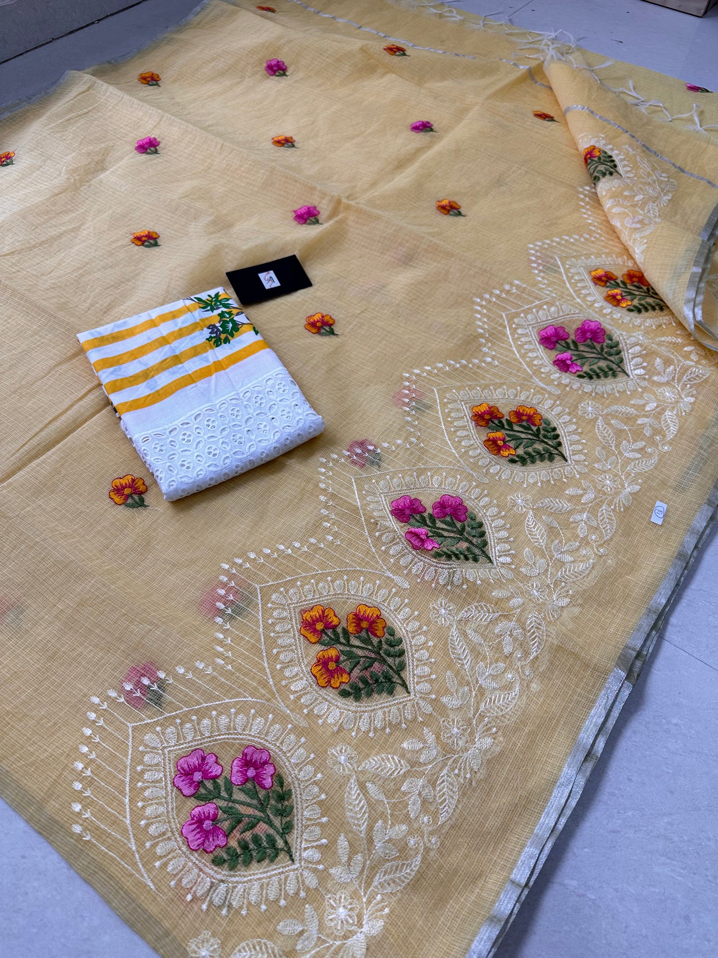 Embroidered Kota Cotton Doria Saree