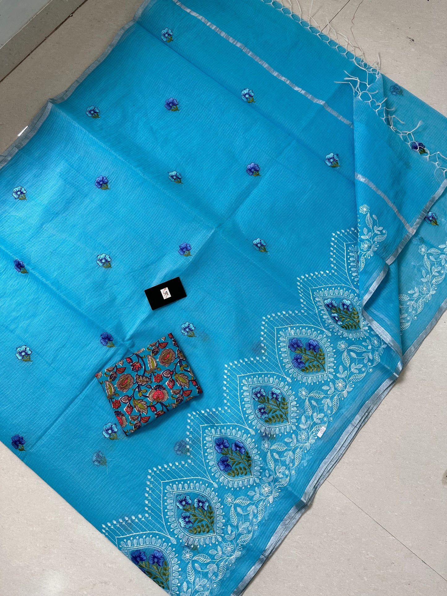 Embroidered Kota Cotton Doria Saree