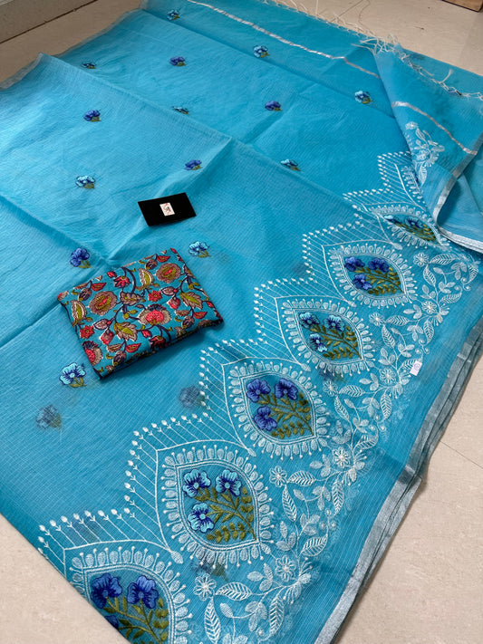 Embroidered Kota Cotton Doria Saree