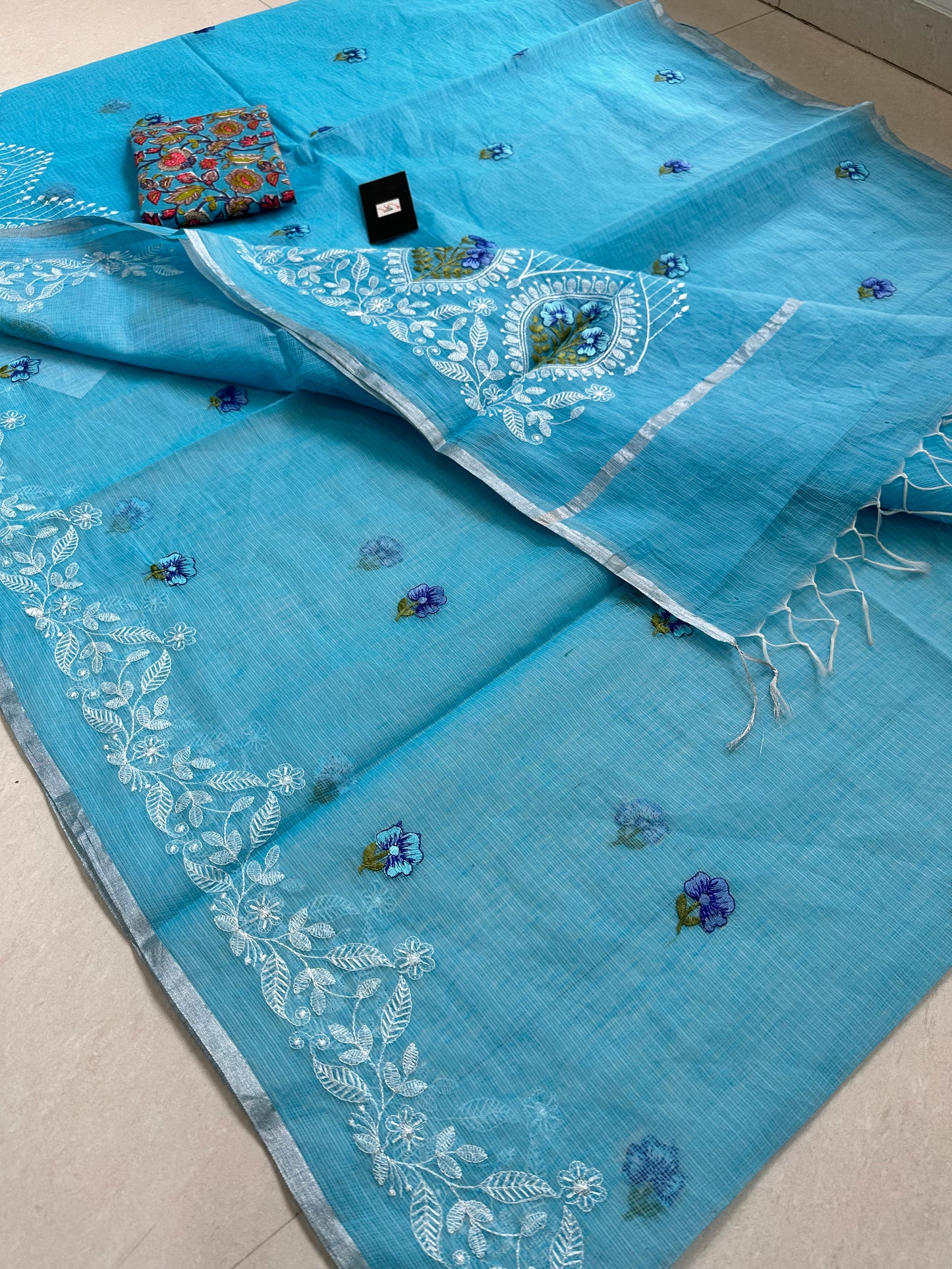 Embroidered Kota Cotton Doria Saree