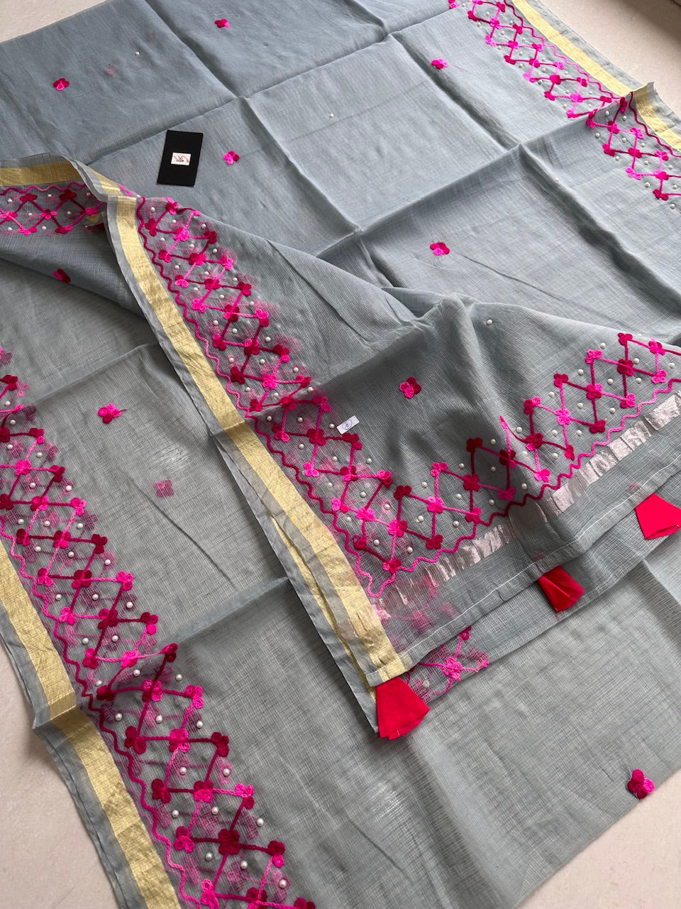 Embroidered Kota Cotton Doria Saree