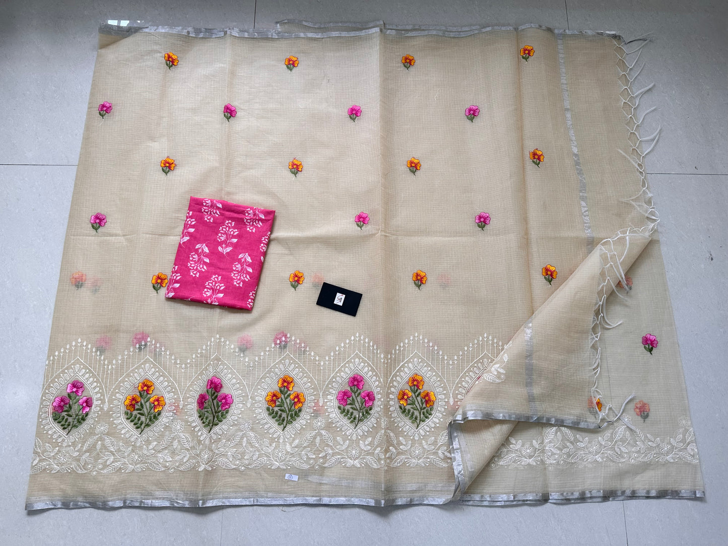 Embroidered Kota Cotton Doria Saree