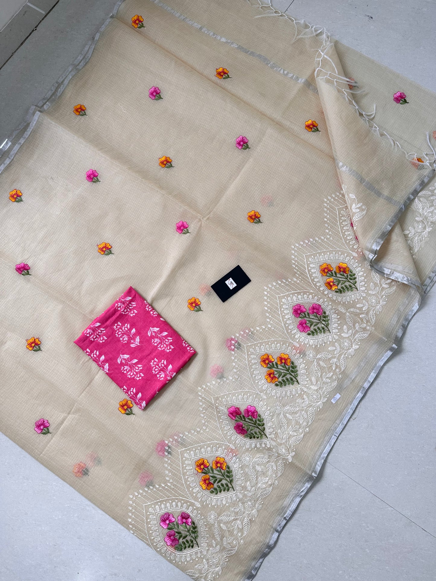 Embroidered Kota Cotton Doria Saree