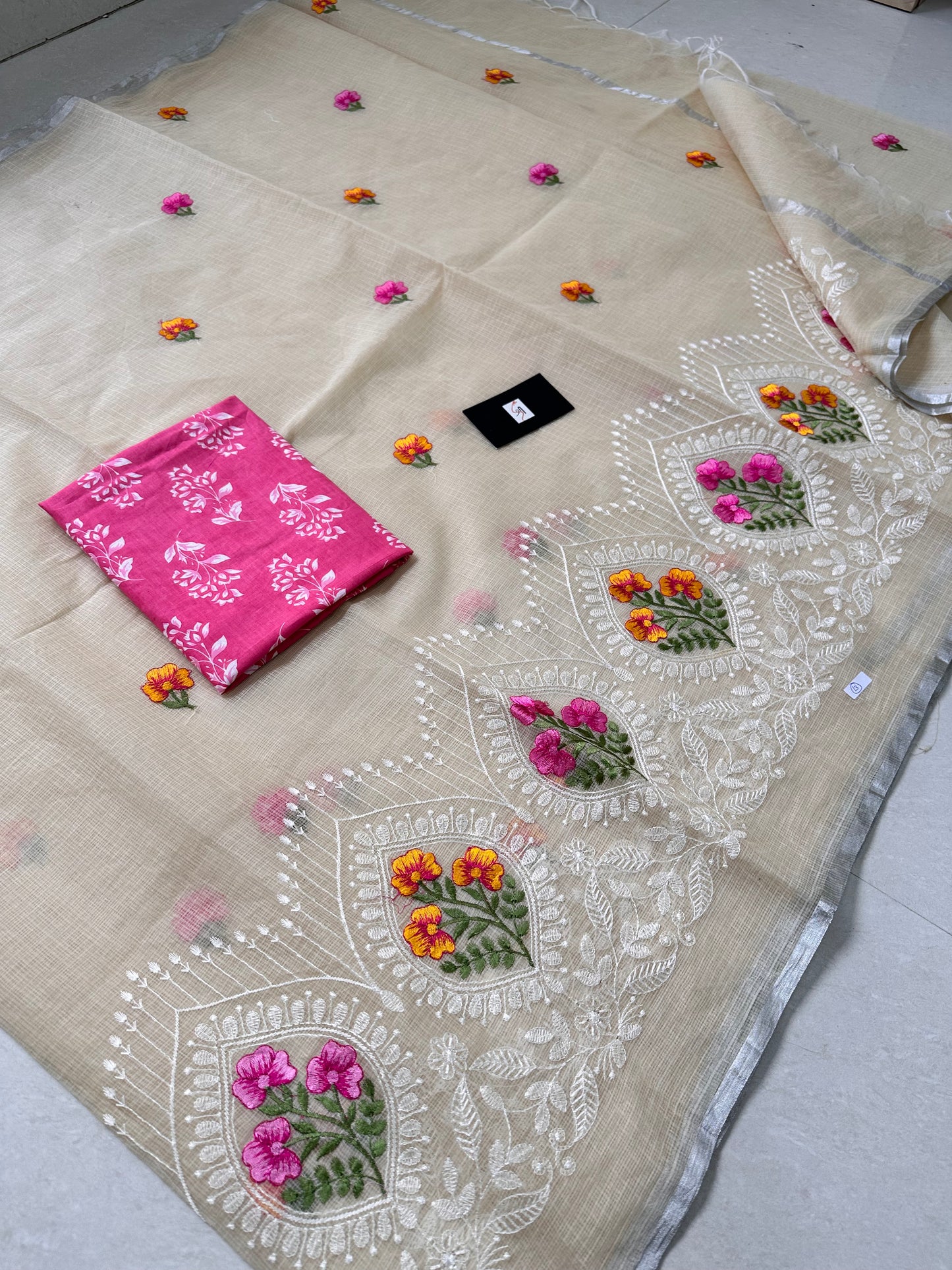 Embroidered Kota Cotton Doria Saree