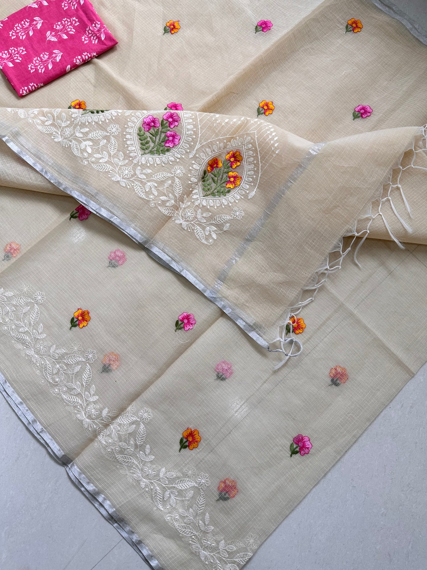 Embroidered Kota Cotton Doria Saree