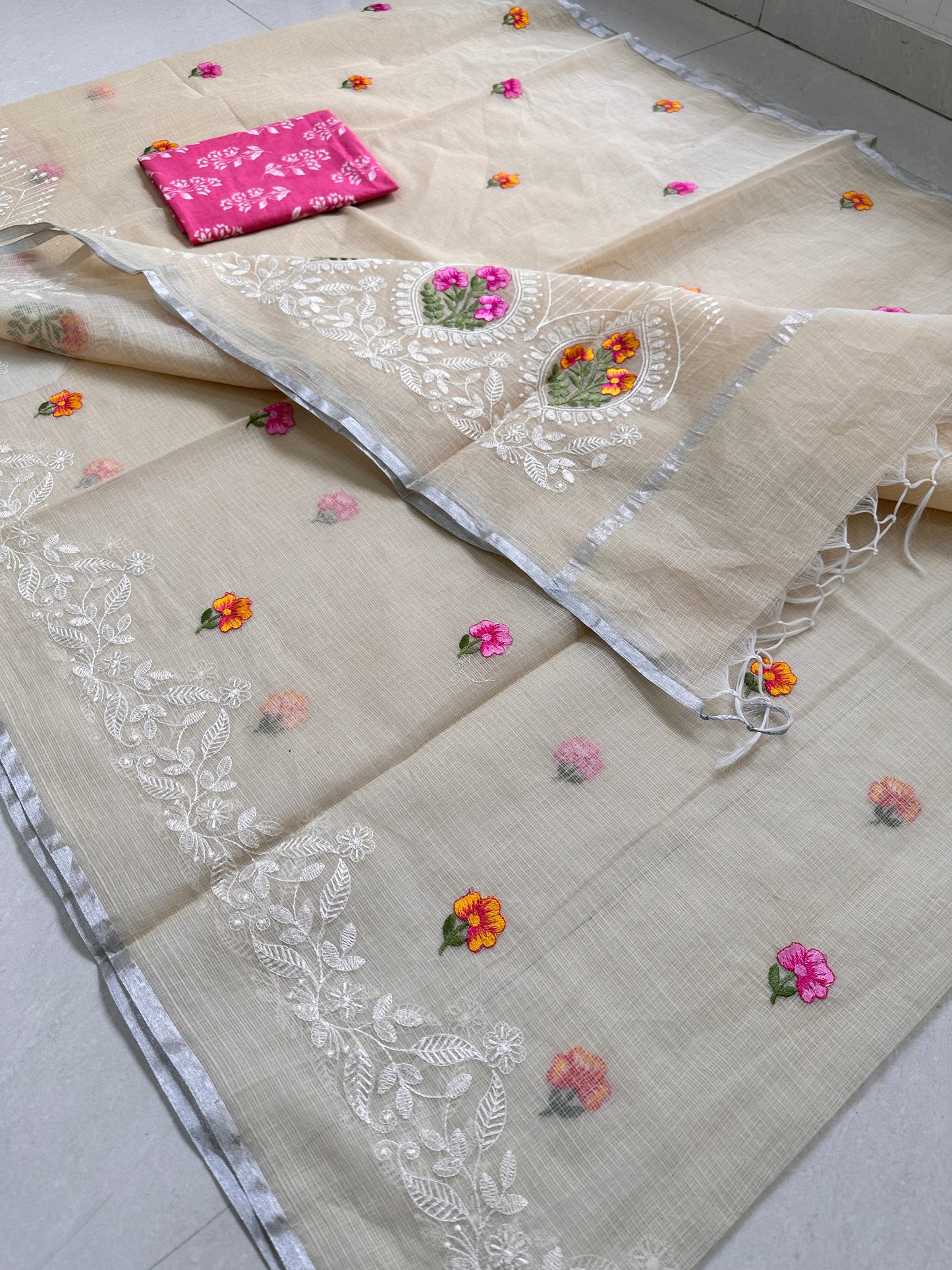 Embroidered Kota Cotton Doria Saree