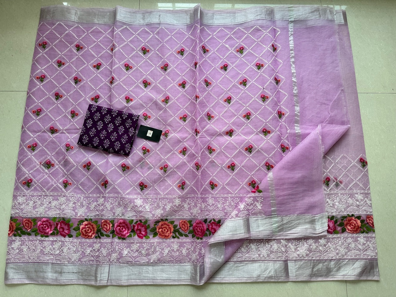 Embroidered Kota Cotton Doria Saree