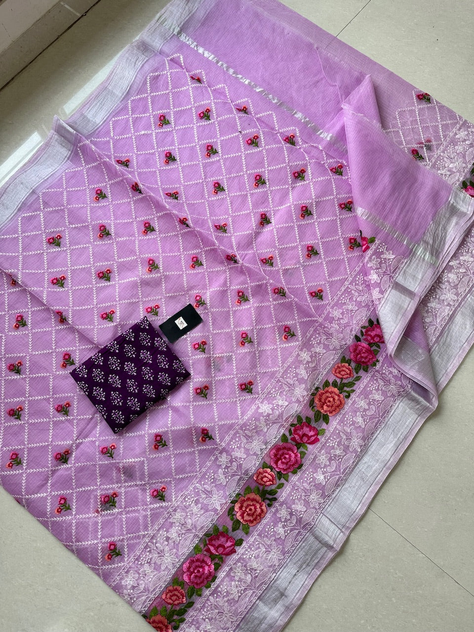 Embroidered Kota Cotton Doria Saree