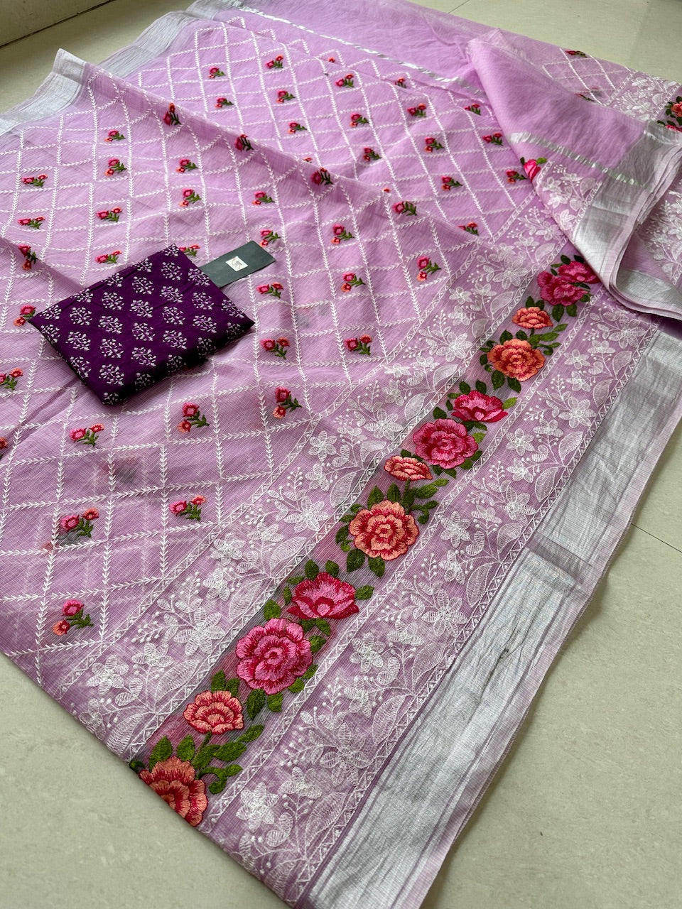 Embroidered Kota Cotton Doria Saree