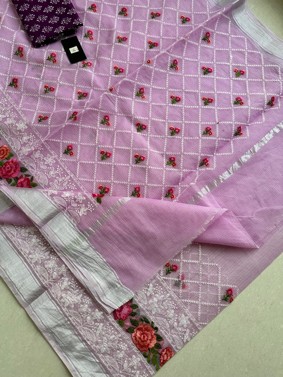 Embroidered Kota Cotton Doria Saree