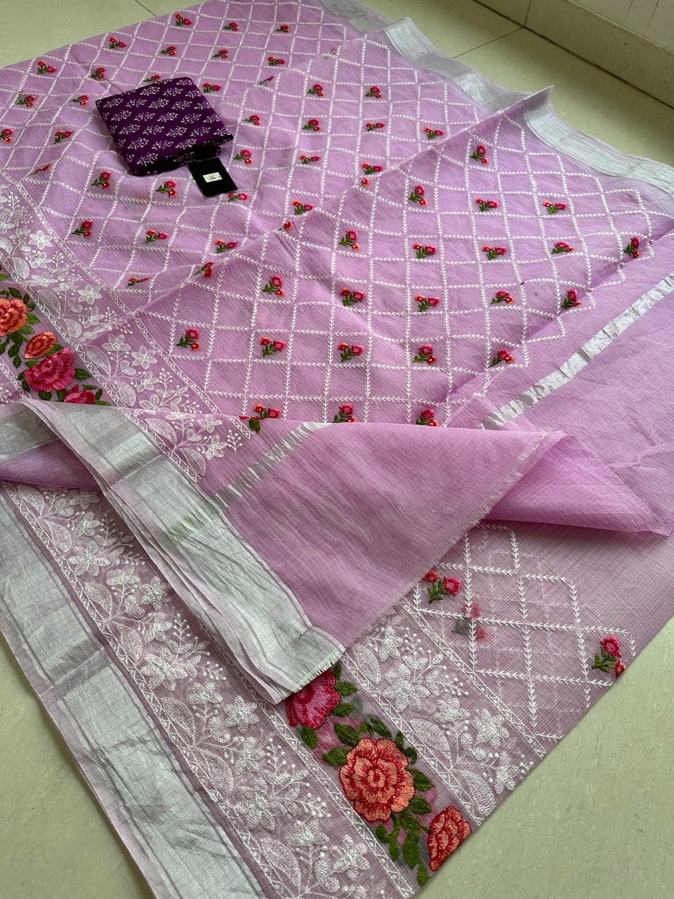 Embroidered Kota Cotton Doria Saree