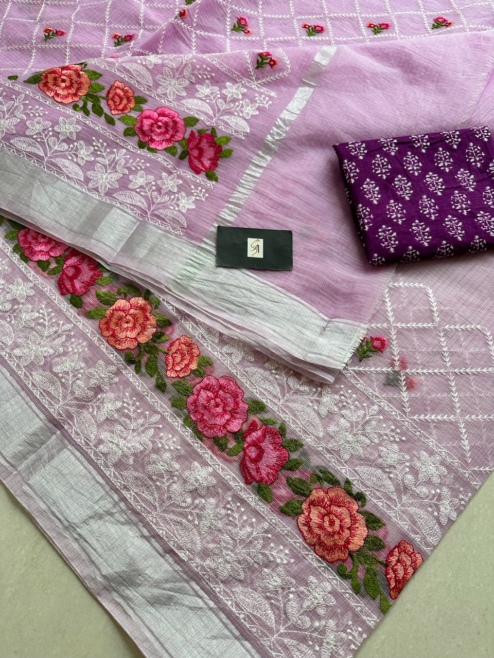 Embroidered Kota Cotton Doria Saree