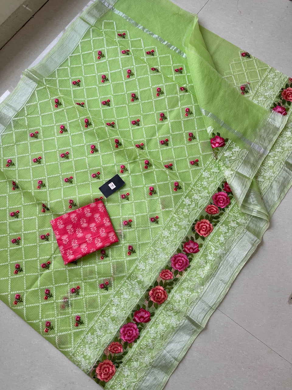 Embroidered Kota Cotton Doria Saree