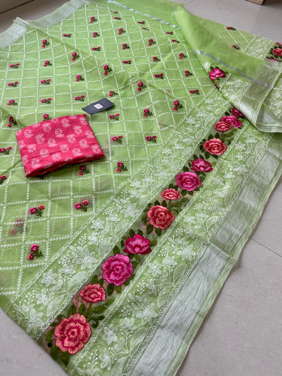 Embroidered Kota Cotton Doria Saree