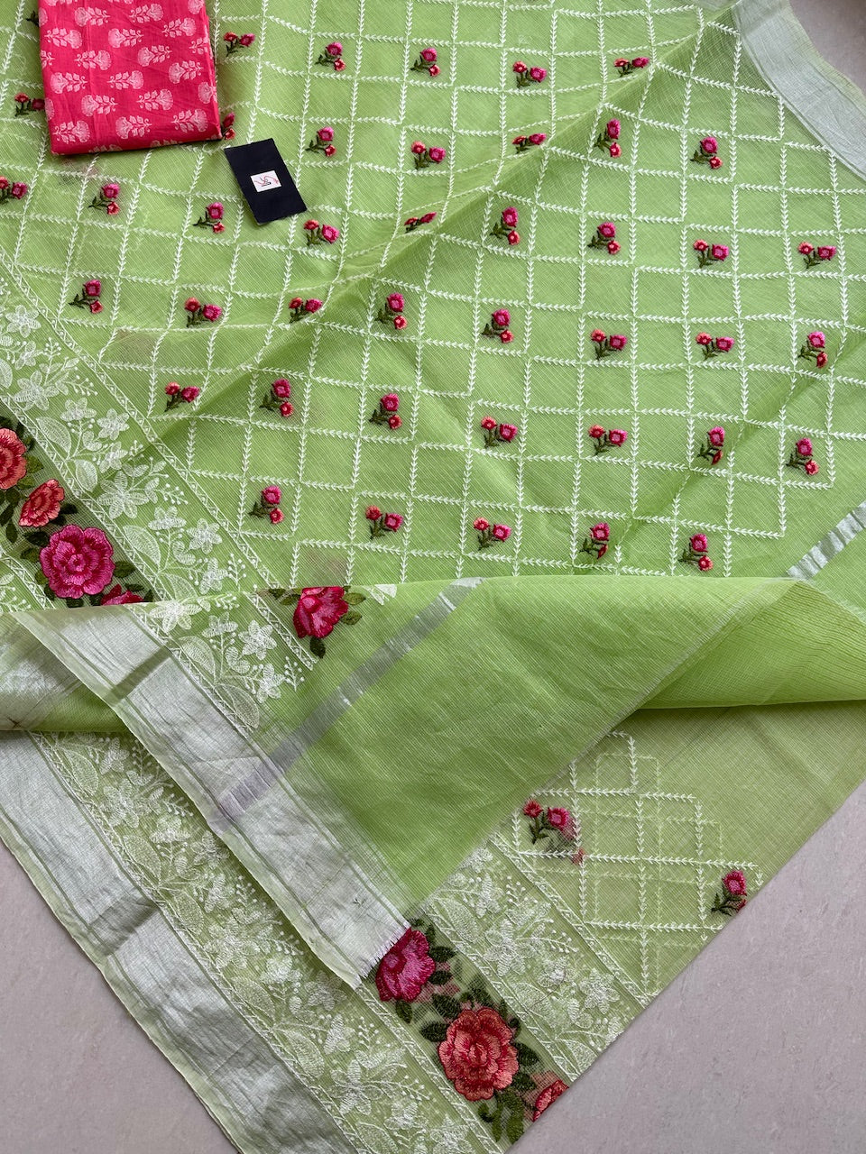 Embroidered Kota Cotton Doria Saree