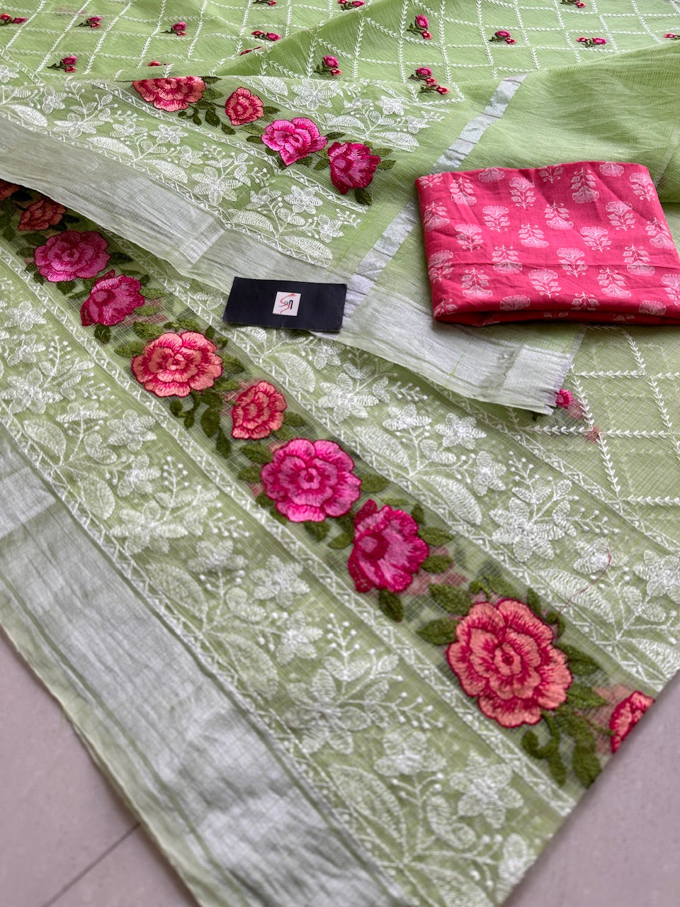 Embroidered Kota Cotton Doria Saree