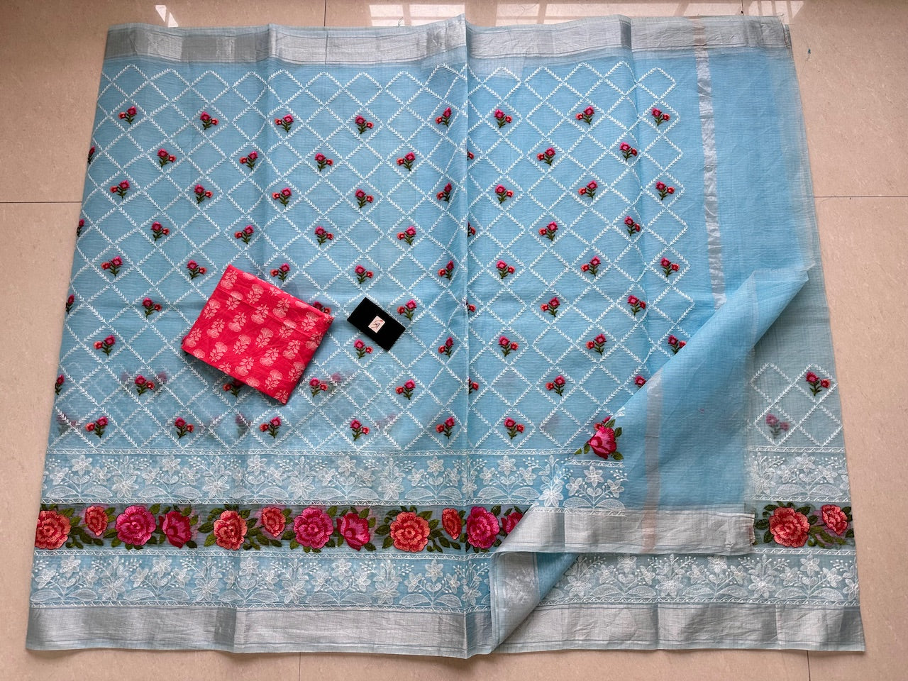 Embroidered Kota Cotton Doria Saree