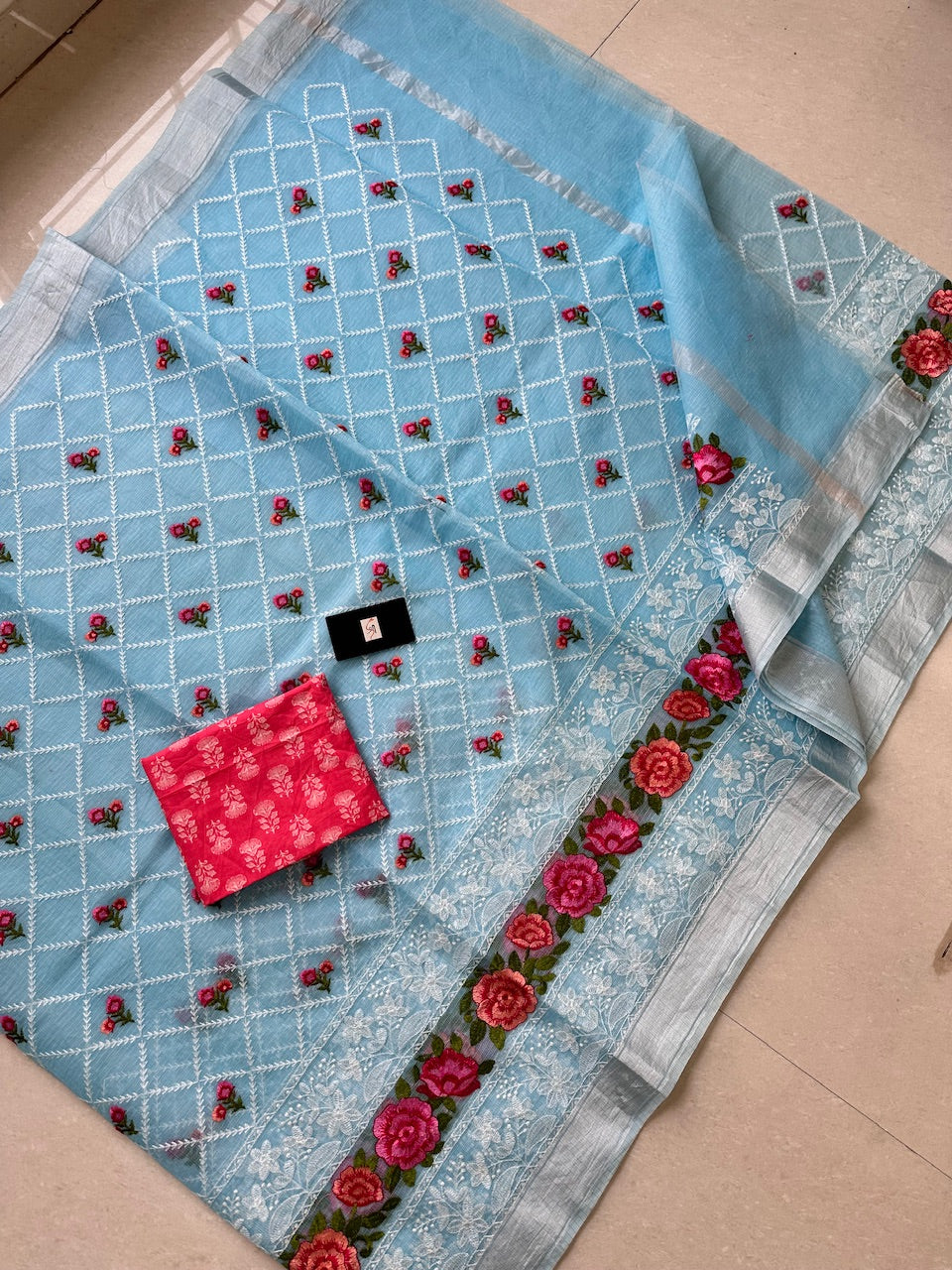 Embroidered Kota Cotton Doria Saree