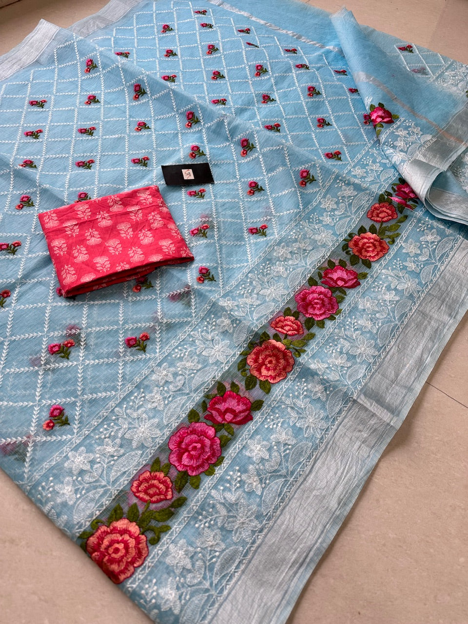 Embroidered Kota Cotton Doria Saree